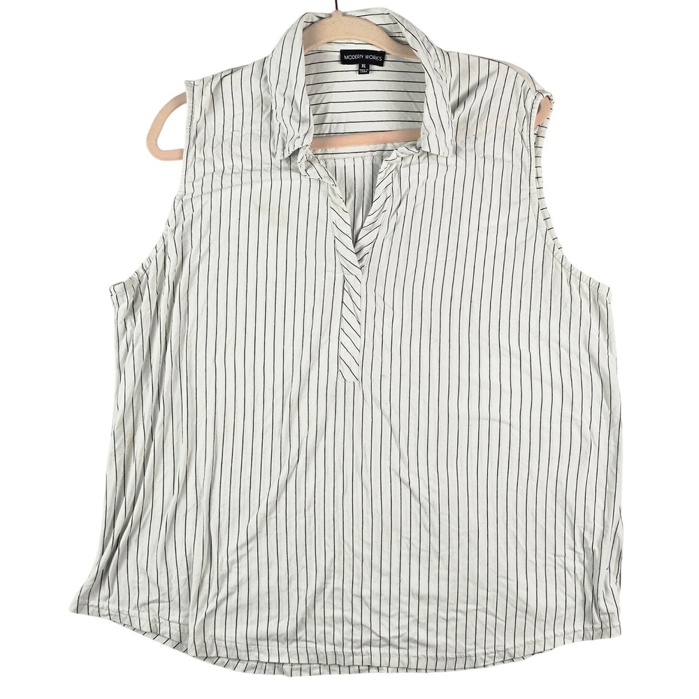 Modern Works Pinstripe Sleeveless Blouse Women XL White Black Split V-Neck Top